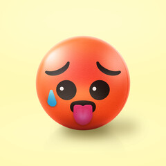 Hot and exhausted and tired Emoji stress ball on shiny floor. 3D emoticon isolated.