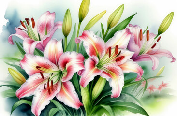 Obraz premium watercolor postcard, beautiful pink lilies
