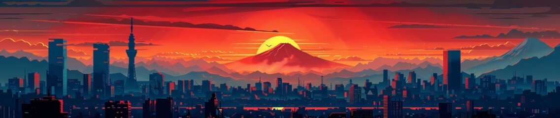 japanese city skyline with Mount Fuji in the background, sunset, red sky