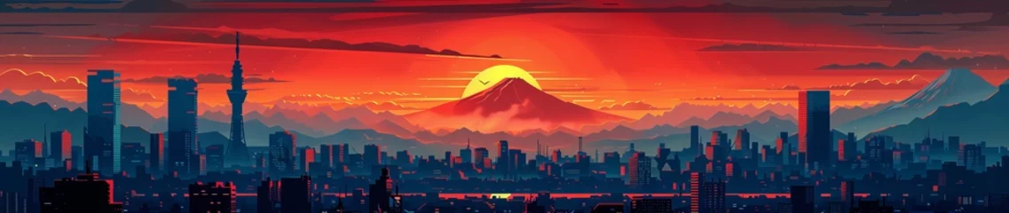 Foto op Plexiglas japanese city skyline with Mount Fuji in the background, sunset, red sky © Photo And Art Panda