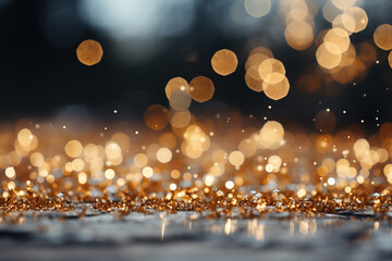Gold bokeh and white snowflakes create a festive Christmas background.