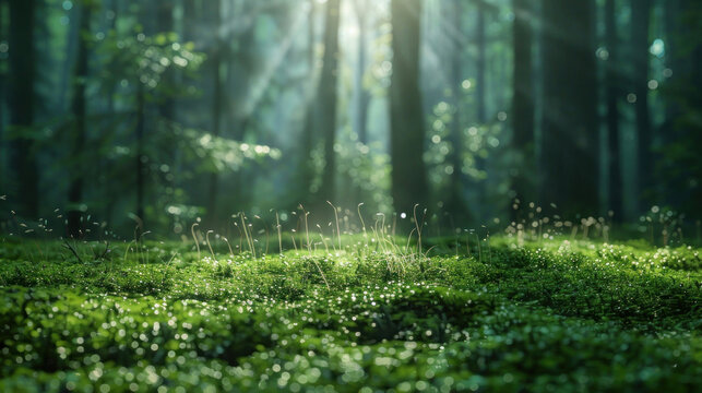 This enchanting image captures the magical glow of sunlight filtering through a forest, illuminating plants and creating an ethereal atmosphere