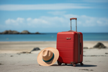 A red suitcase and a summer hat on the beach, ready for a summer travel adventure.