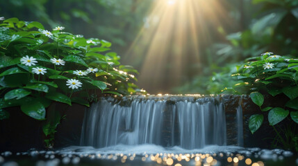 An ethereal sunbeam cuts through foliage to illuminate a flowering shrub over a gentle waterfall stream