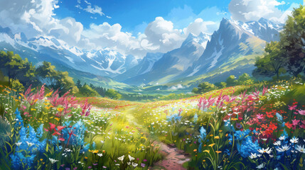 A picturesque digital landscape of an alpine meadow flourishing with wildflowers against majestic mountain backdrop