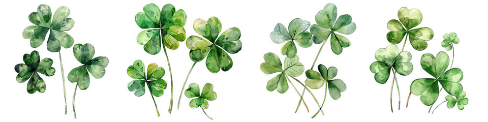 Collection of PNG. Watercolor drawing of clover leaves. St. Patrick's Day isolated on a transparent background. - obrazy, fototapety, plakaty