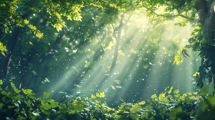 A breathtaking view of sunrays piercing through a green forest, with mystical floating specks in the air - obrazy, fototapety, plakaty