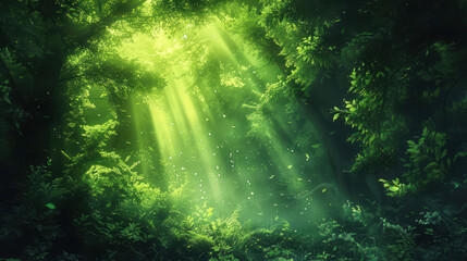Obraz premium An awe-inspiring image of a dense green forest bathed in sunlight beams and floating particles