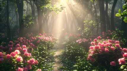 A captivating pathway leads through a forest blooming with pink rhododendron flowers and sunbeams