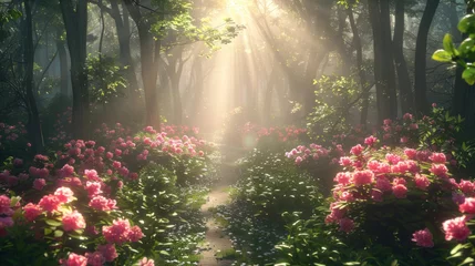 Foto op Plexiglas A captivating pathway leads through a forest blooming with pink rhododendron flowers and sunbeams © Oksana