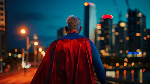 Rear view of a man in a red superhero cape looking at the city at night