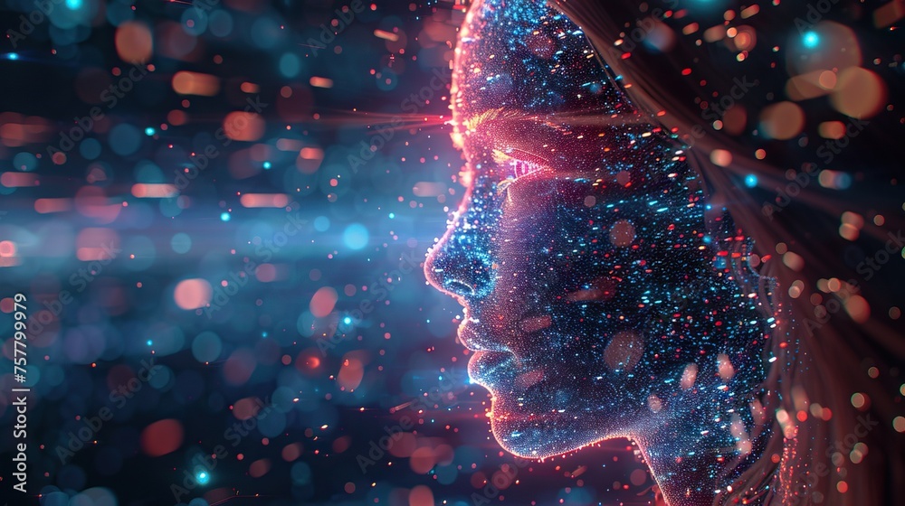 Poster Virtual assistant avatar in a chat, surrounded by digital neon. Captures modern communication and interactive tech
