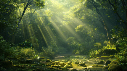 A tranquil image featuring sunrays breaking through the foliage in a mist-covered forest,...