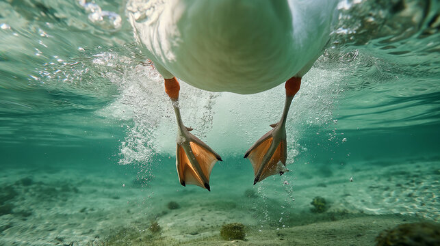 An underwater perspective captures the webbed feet of a duck paddling on the surface, showcasing the aquatic grace of wildlife.
