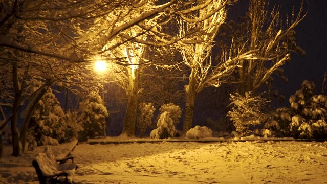 Serene snowy evening in a tranquil park, adorned with snow-covered trees gently illuminated by street lanterns, uhd, 4k, 3840, 2160