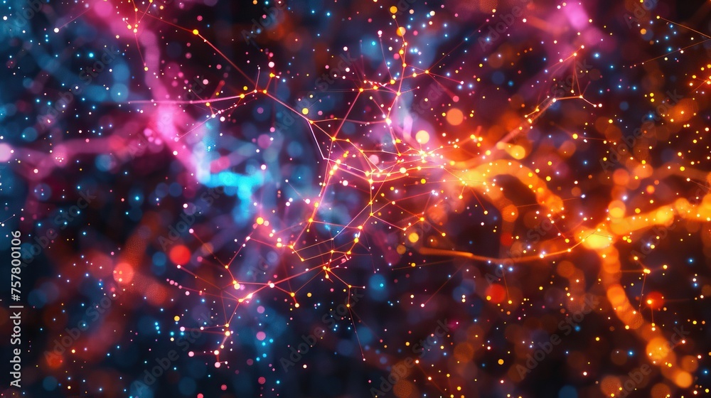 Poster Vibrant AI neuron network, showcasing machine learning. Perfect for themes of AI development and data flow