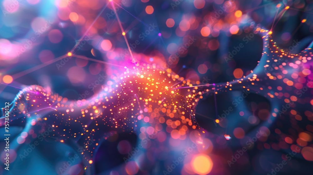 Poster Vibrant AI neuron network, showcasing machine learning. Perfect for themes of AI development and data flow