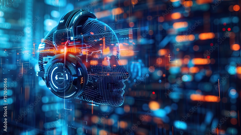 Poster ai-powered customer service headset, holographic interface. ideal for futuristic customer support an