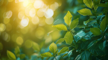 Close-up of a branch with fresh green leaves, highlighted by the gentle backlight of soft golden sunlight - obrazy, fototapety, plakaty