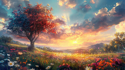 A lone tree stands amidst a sunset-drenched field of wildflowers, symbolizing growth and hope - obrazy, fototapety, plakaty