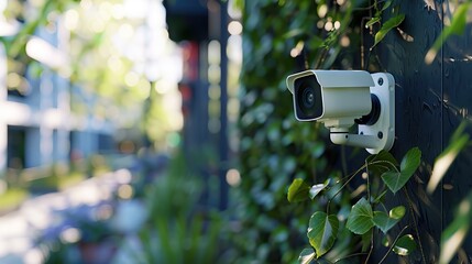 AI-integrated security camera, zoomed-in facial recognition. Captures privacy and surveillance in the digital age