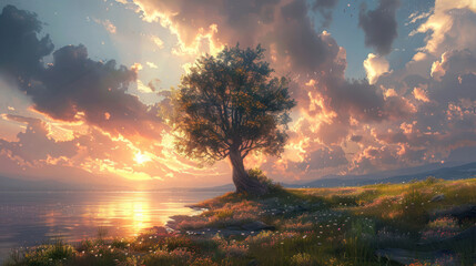 A stunning visual of a solitary tree standing resiliently against a dramatic sunset sky filled with clouds and light
