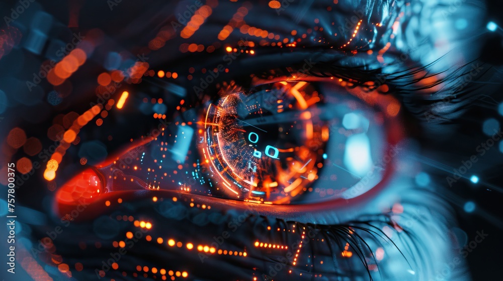 Poster Futuristic robotic eye with circuit patterns, symbolizing AI surveillance. Perfect for themes of privacy and tech innovation