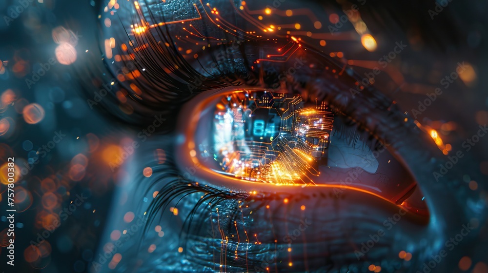 Poster Futuristic robotic eye with circuit patterns, symbolizing AI surveillance. Perfect for themes of privacy and tech innovation