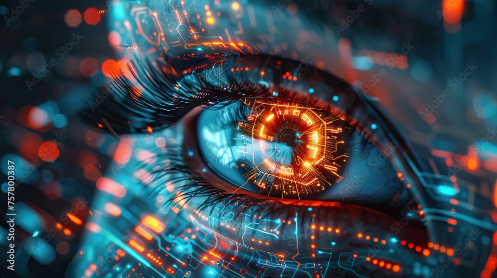 Poster Futuristic robotic eye with circuit patterns, symbolizing AI surveillance. Perfect for themes of privacy and tech innovation