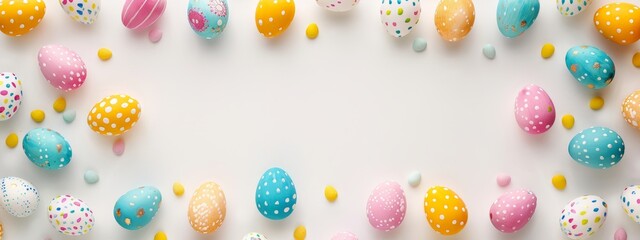 Fototapeta na wymiar Colorful Easter eggs border a white background with copy space, in a top view. Colorful Easter decorations on a white background with an empty place for text