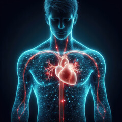 Male body anatomy with highlighted heart and circulatory system on dark background