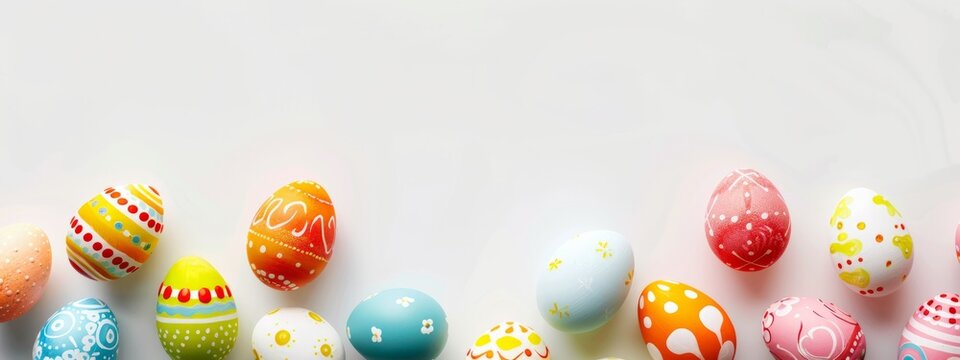 Colorful Easter eggs border a white background with copy space, in a top view. Colorful Easter decorations on a white background with an empty place for text