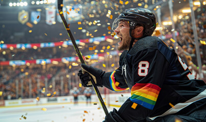 Professional HBTQ ice hockey player celebrating the championship win - Big arena and crowd with flying gold confetti