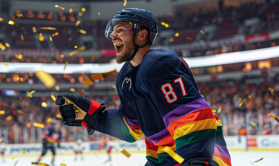 Professional HBTQ ice hockey player celebrating the championship win - Big arena and crowd with...