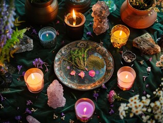 Obraz na płótnie Canvas Mystical atmosphere, plate with herbs candles and crystals