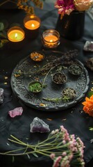 Mystical atmosphere, plate with herbs candles and crystals