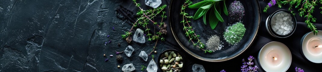 Mystical atmosphere, plate with herbs candles and crystals - obrazy, fototapety, plakaty
