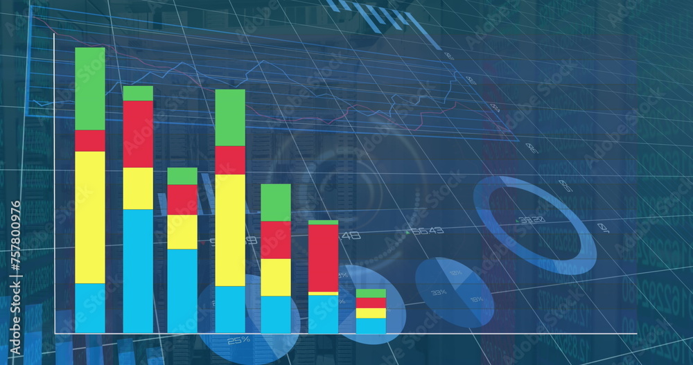 Poster image of colourful graph and data processing on interface charts