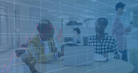 Image of financial data processing over diverse business people in office