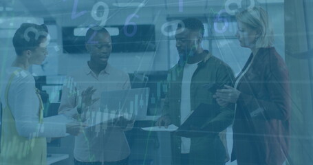 Image of financial data processing over diverse business people in office