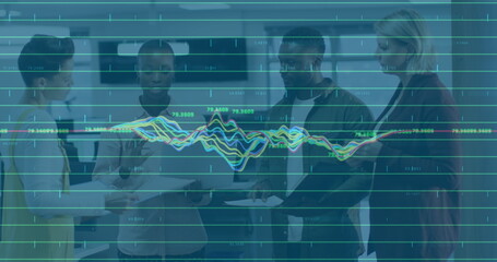 Image of financial data processing over diverse business people in office