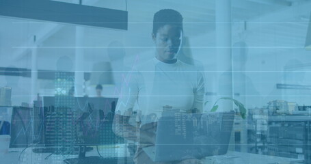 Image of financial data processing and cityscape over diverse business people in office