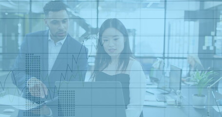 Image of financial data processing over diverse business people in office