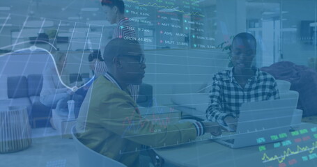 Image of financial data processing over diverse business people in office