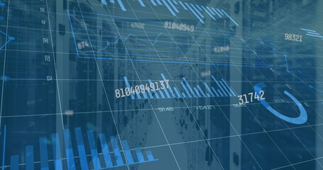 Image of data processing and graphs and charts on interface