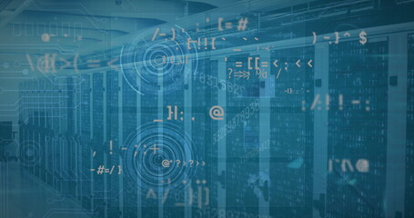 Image of graphs and charts on interface with data processing over computer server room