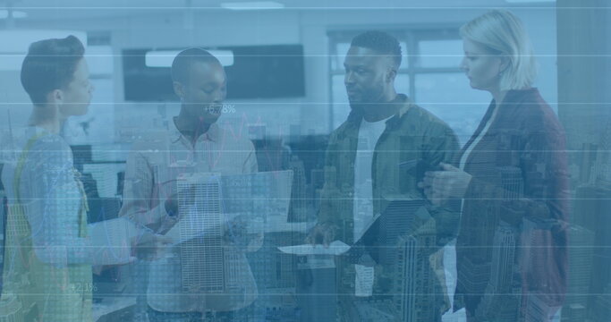 Image of data processing over diverse business people using phone headsets - Powered by Adobe