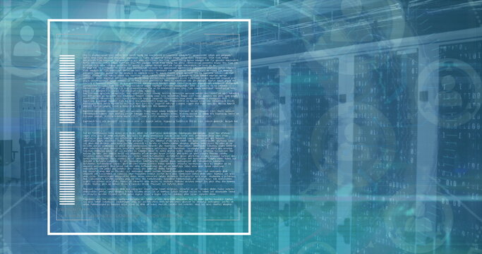 Image of data processing and interface charts over computer server room - Powered by Adobe