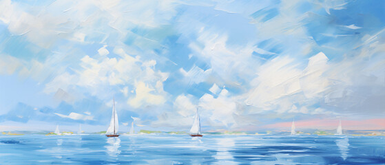 Sea yacht oil painting. Abstract blue seascape with cu - obrazy, fototapety, plakaty