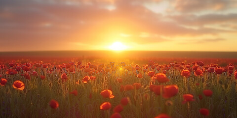 Serene Field of Red Poppies at Sunset: A Symbol of Remembrance and Honor for ANZAC Day, Memorial Day, and Remembrance Day
